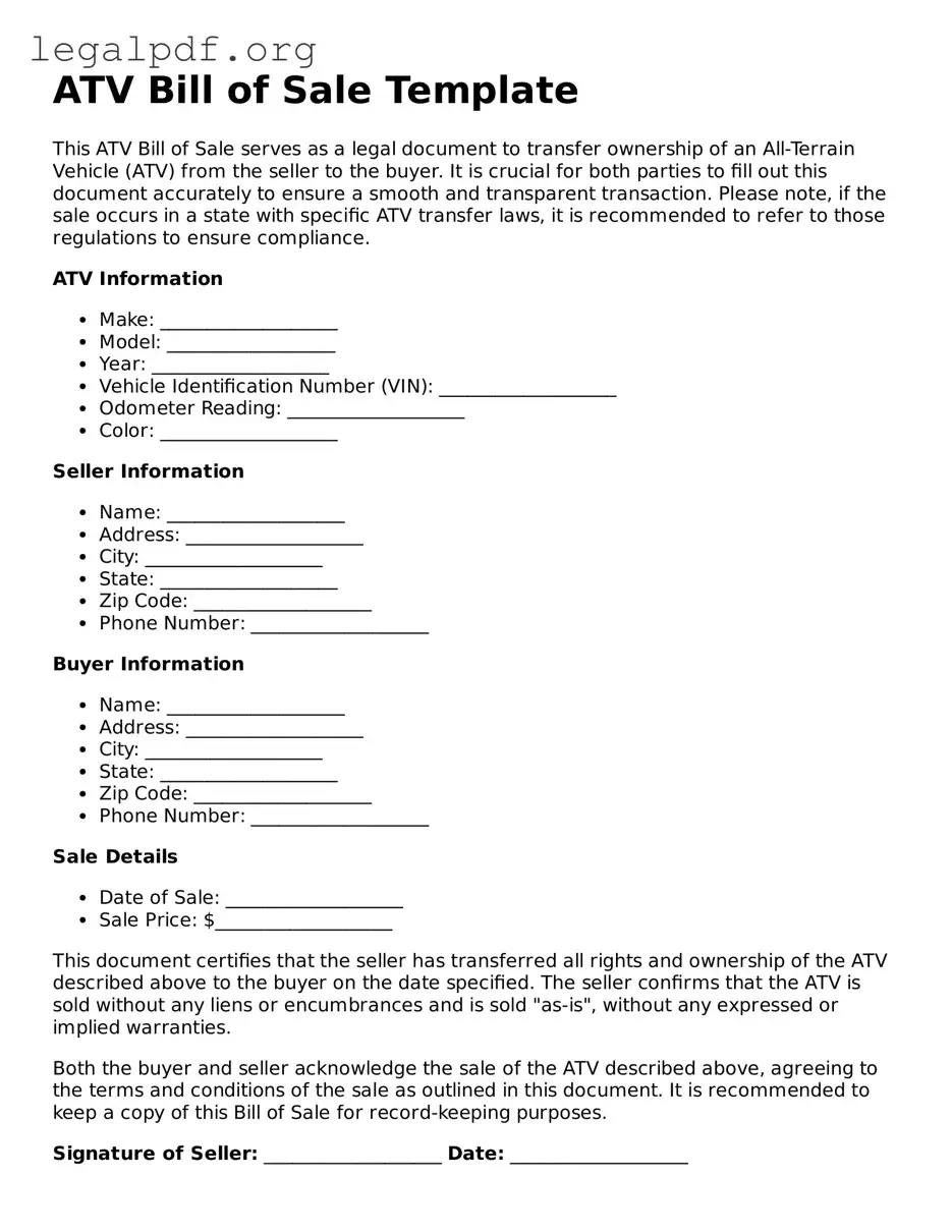 Blank ATV Bill of Sale Document
