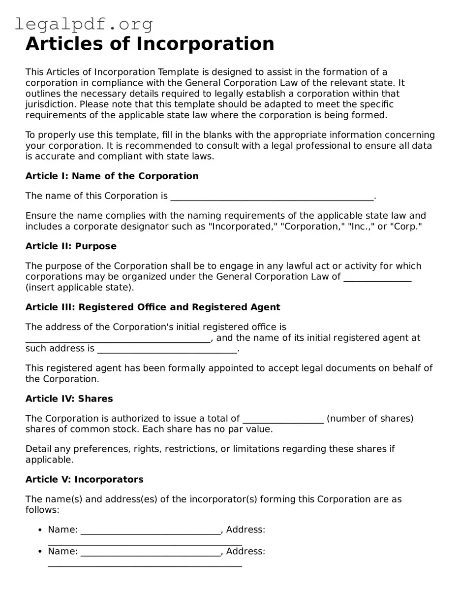 Blank Articles of Incorporation Document