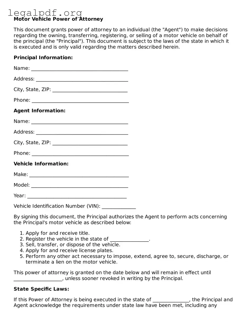 Blank Motor Vehicle Power of Attorney Document
