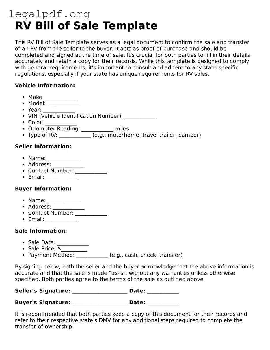 Blank RV Bill of Sale Document