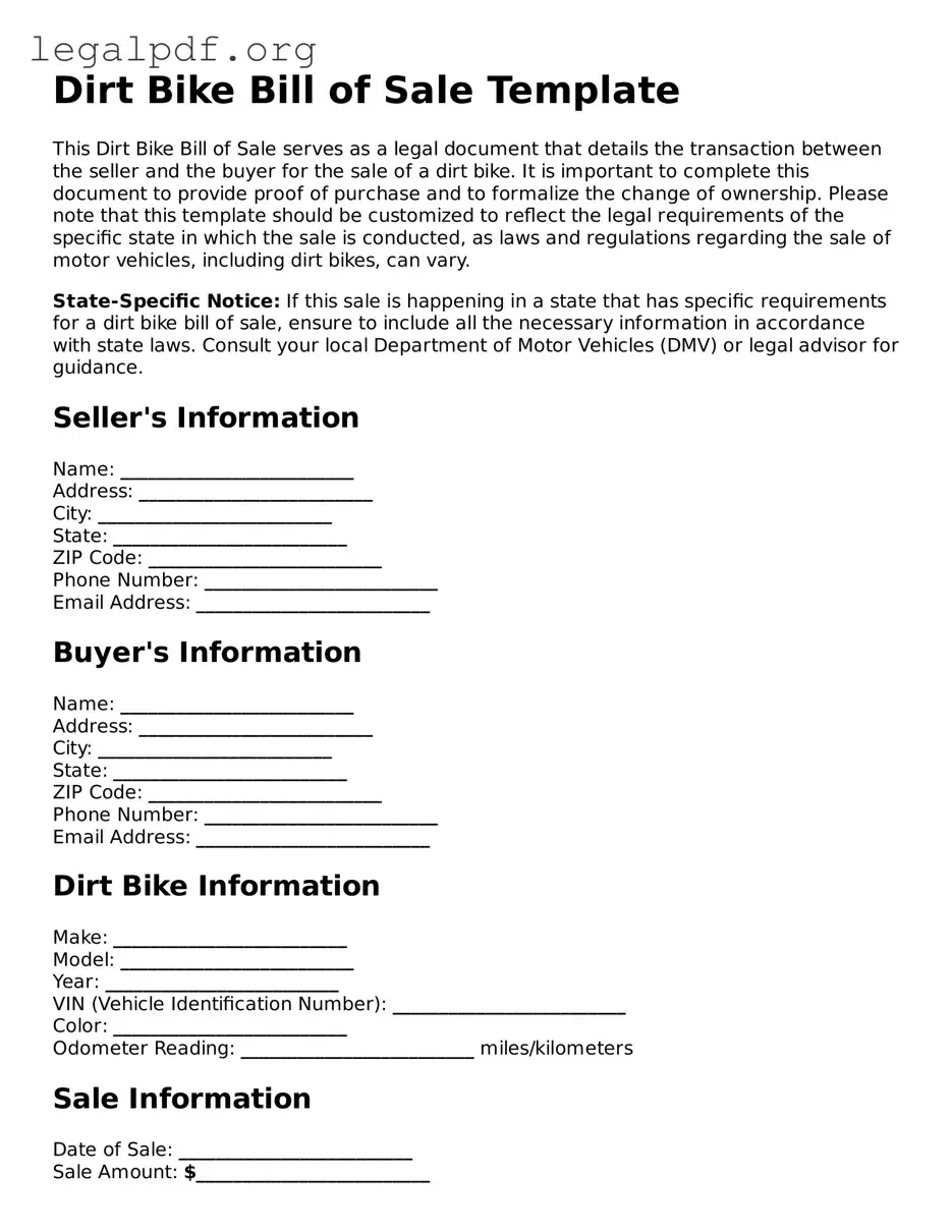 Blank Dirt Bike Bill of Sale Document