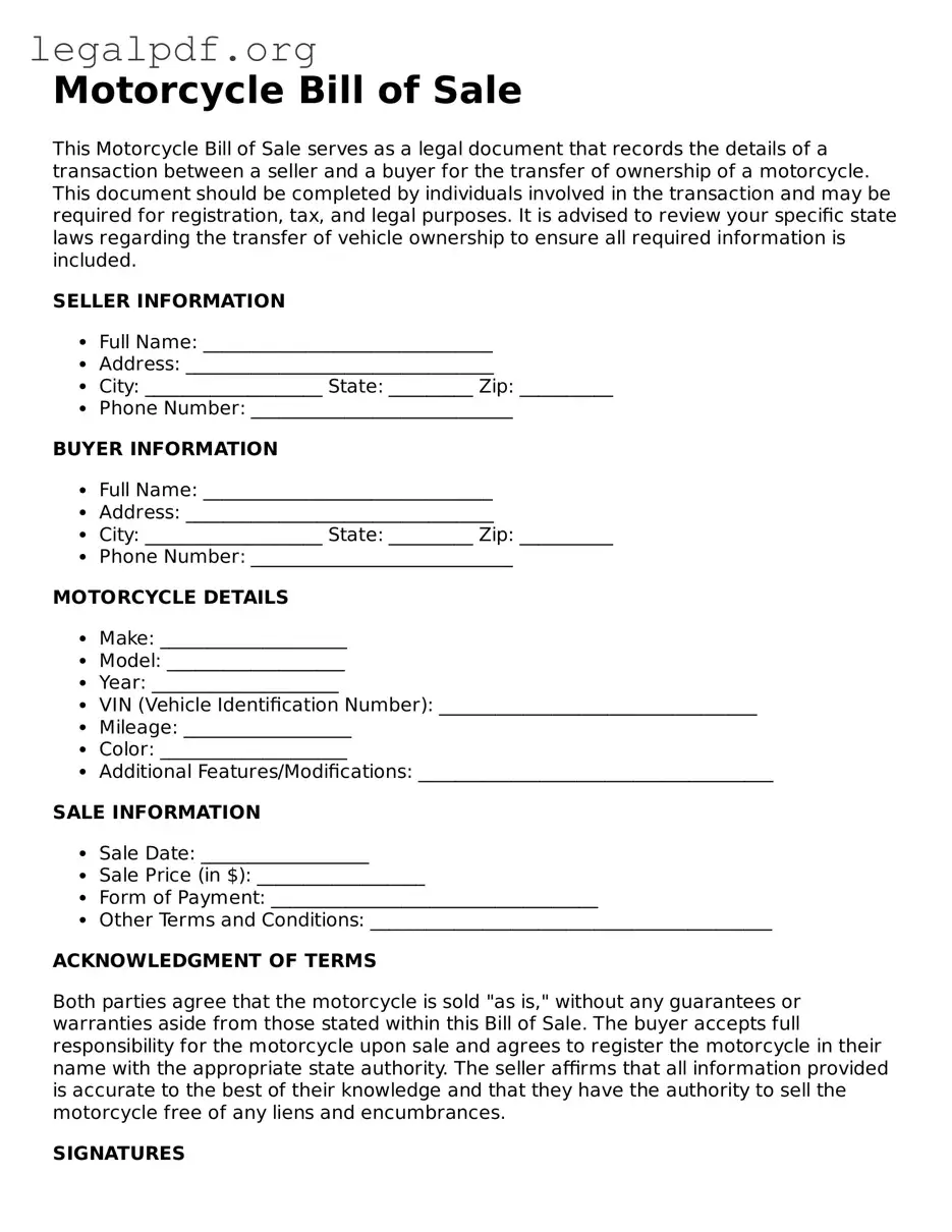 Blank Motorcycle Bill of Sale Document