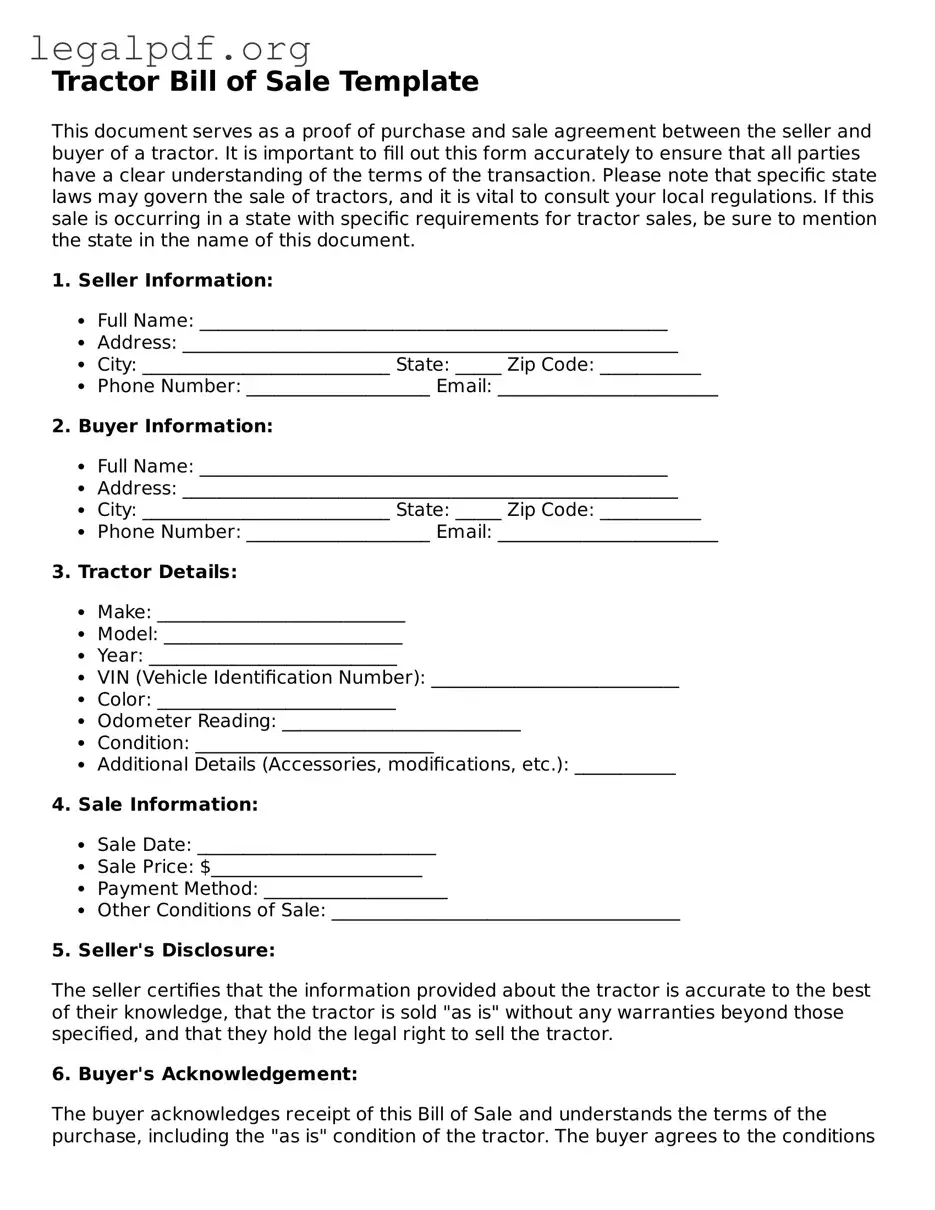 Blank Tractor Bill of Sale Document