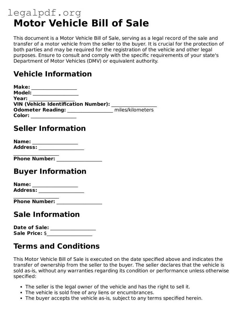 Blank Motor Vehicle Bill of Sale Document