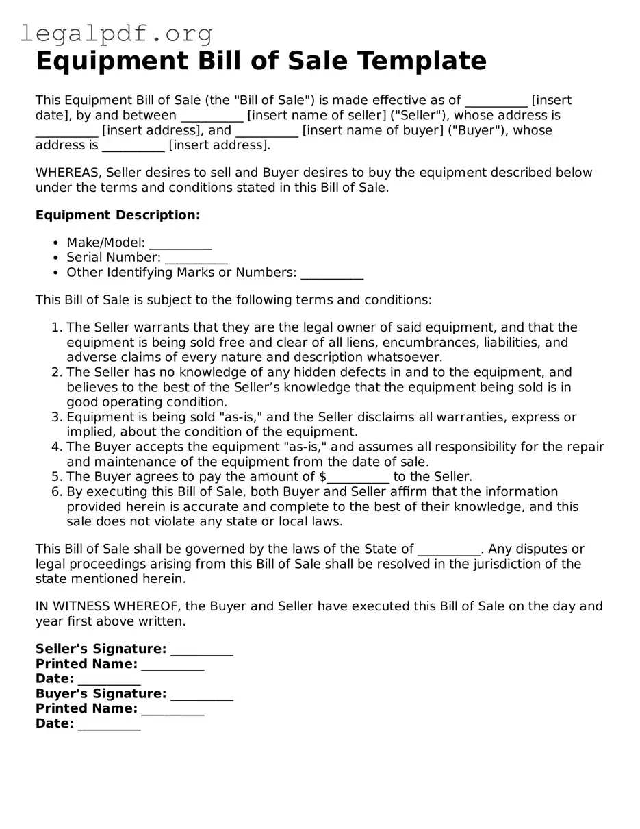 Blank Equipment Bill of Sale Document