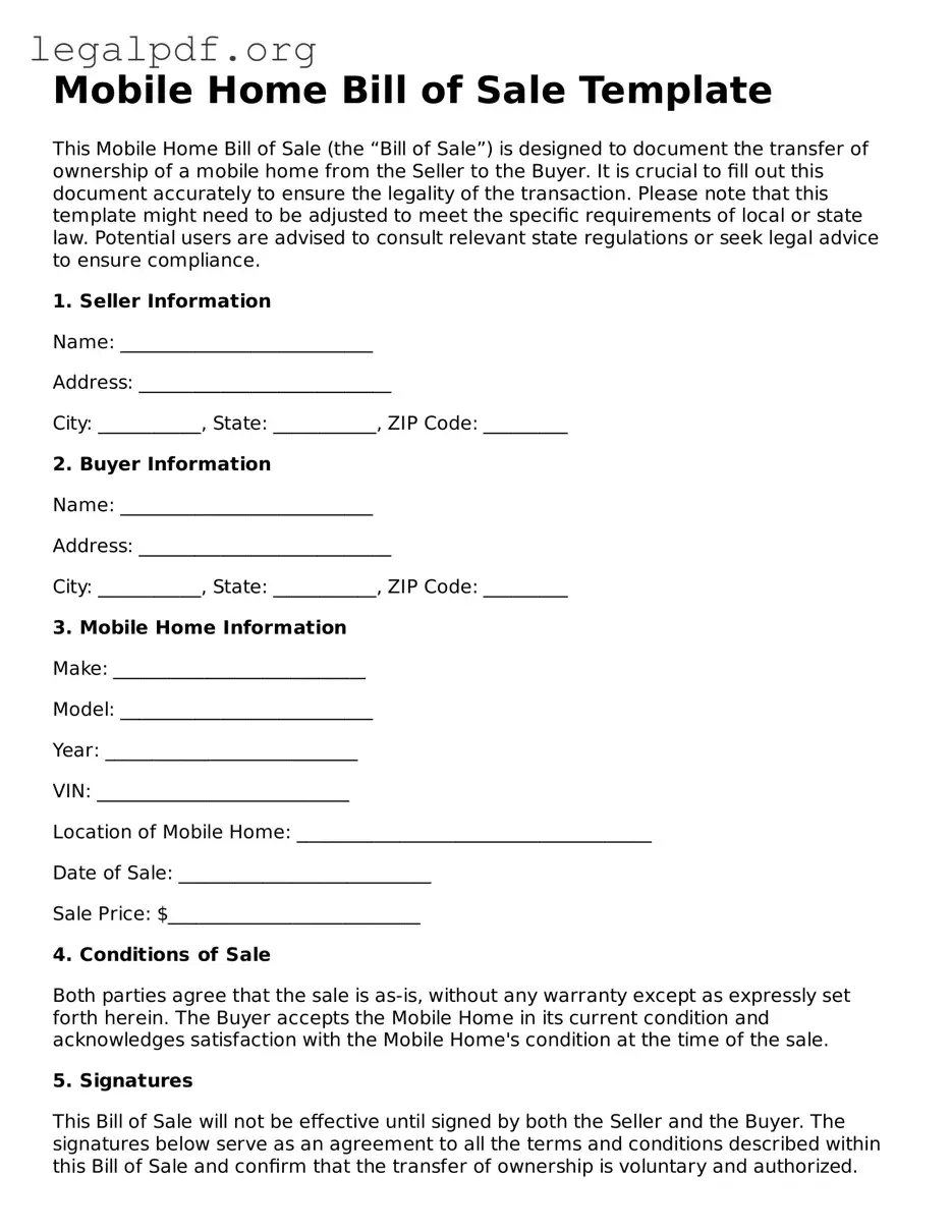 Blank Mobile Home Bill of Sale Document