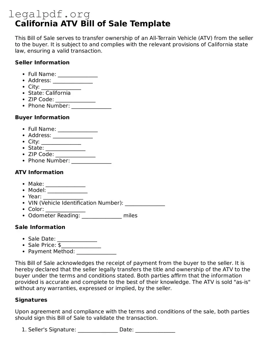Valid  ATV Bill of Sale Template for California