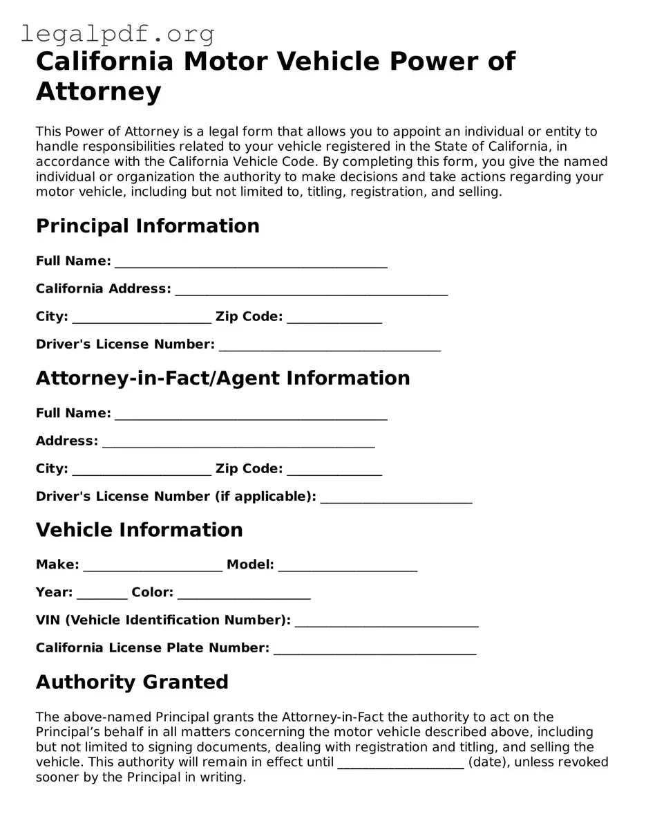Valid  Motor Vehicle Power of Attorney Template for California