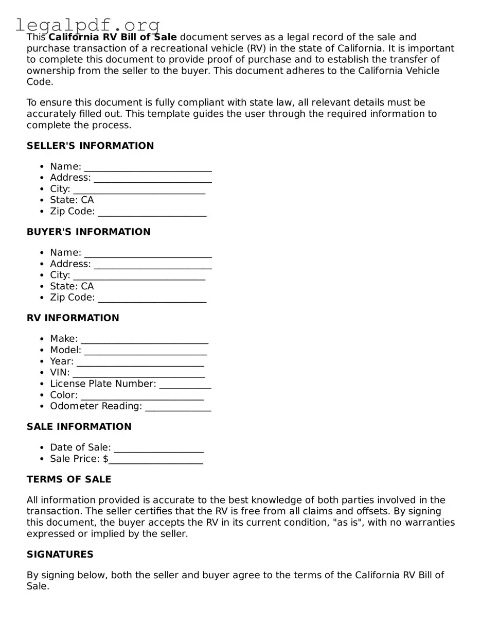 Valid  RV Bill of Sale Template for California