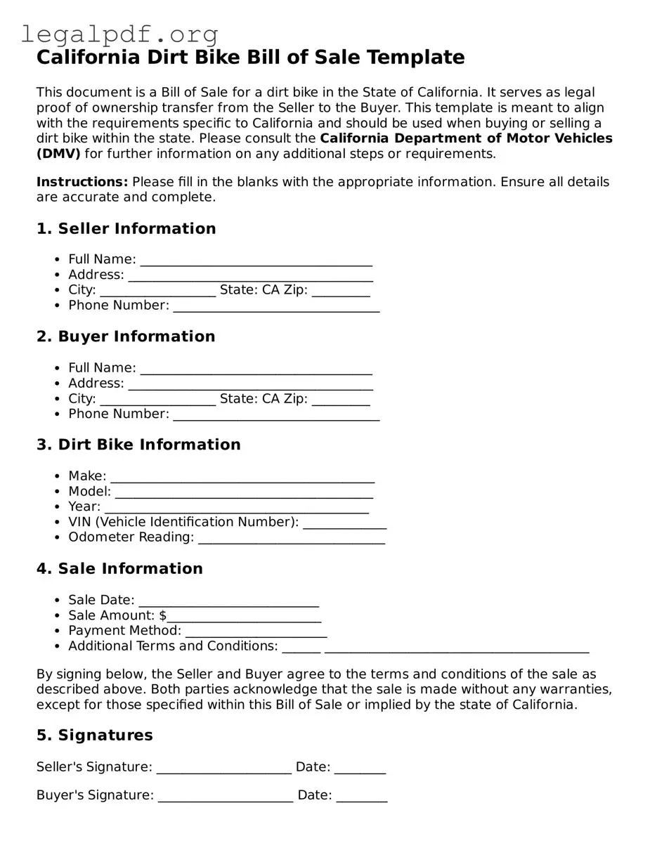 Valid  Dirt Bike Bill of Sale Template for California