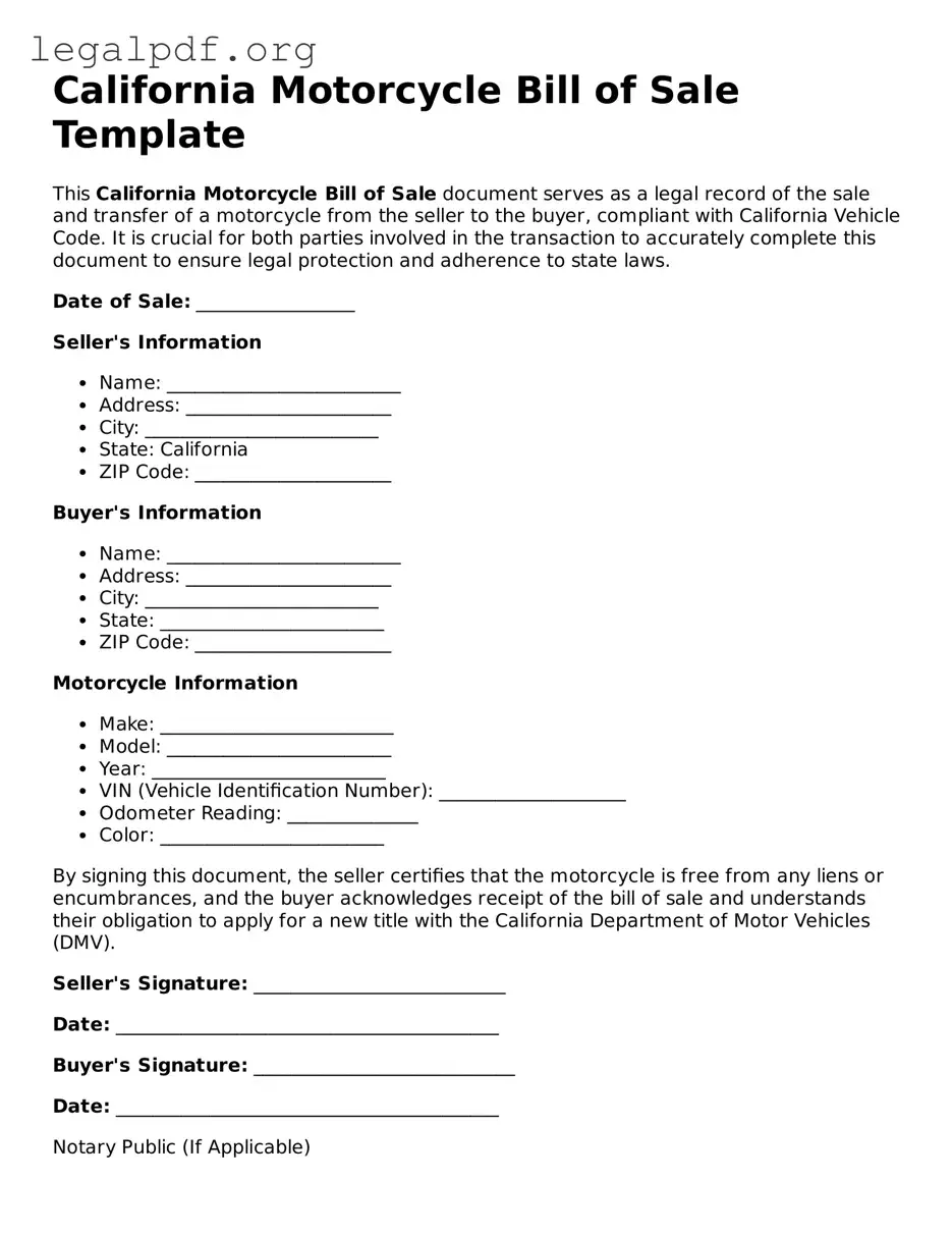 Valid  Motorcycle Bill of Sale Template for California