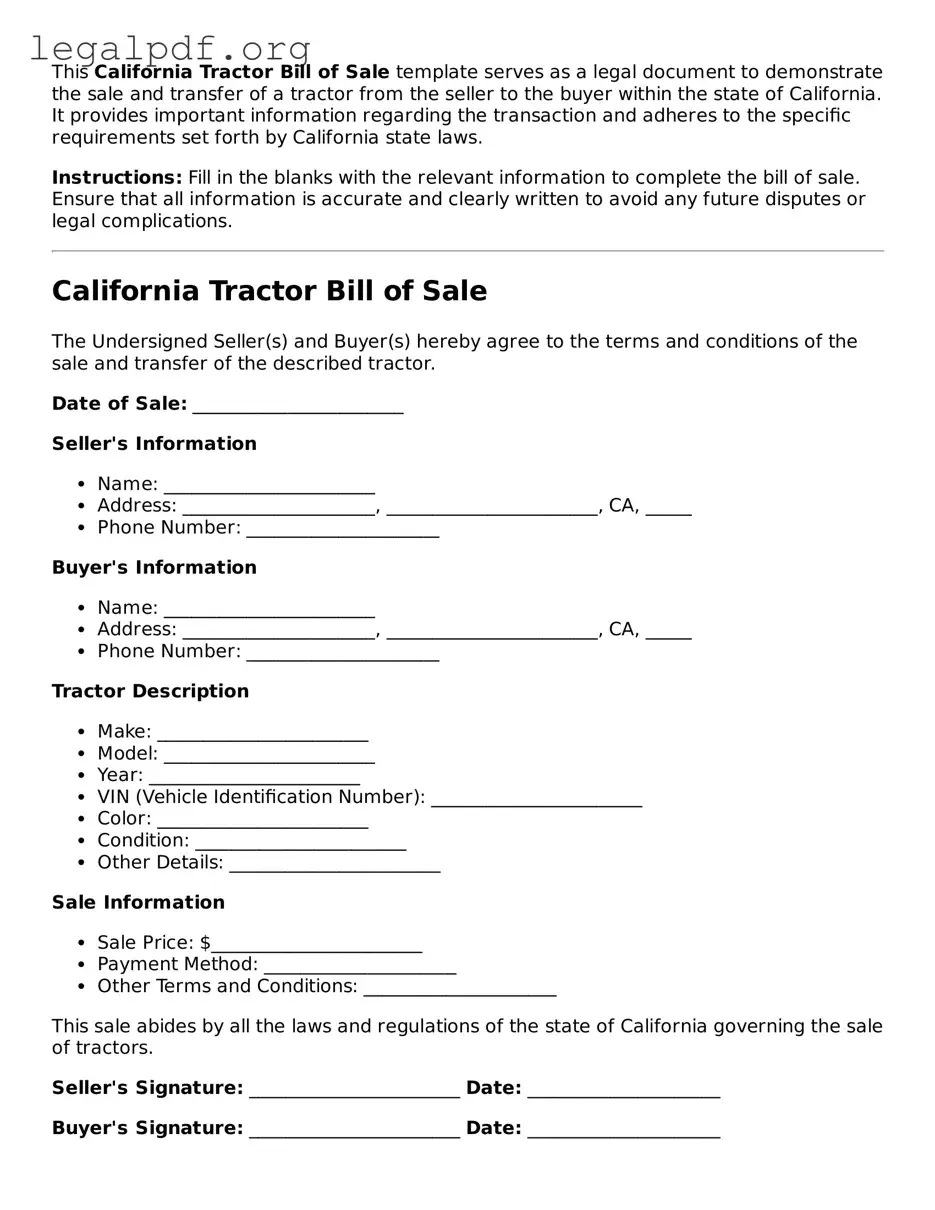 Valid  Tractor Bill of Sale Template for California