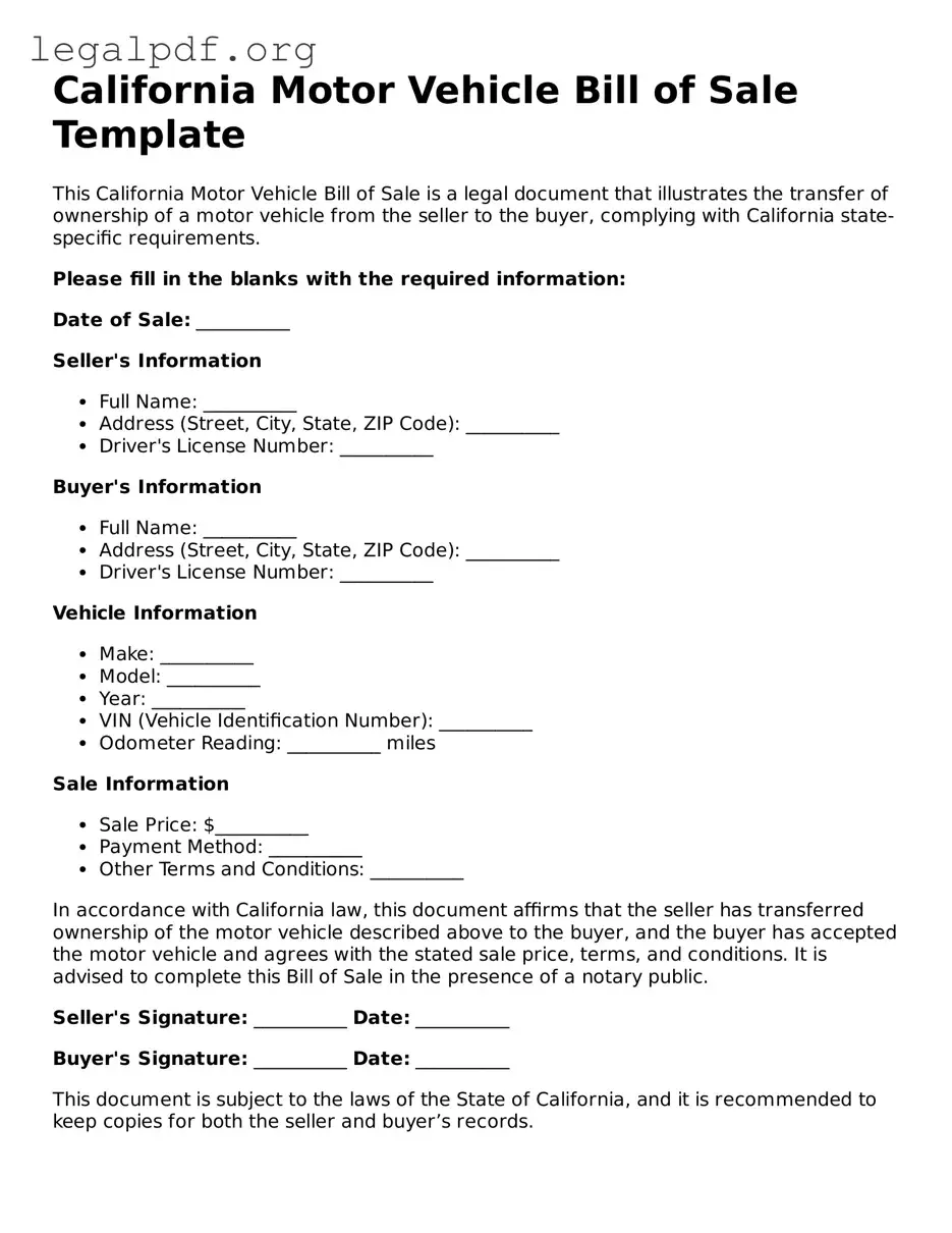 Valid  Motor Vehicle Bill of Sale Template for California