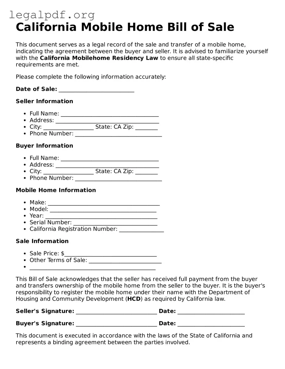 Valid  Mobile Home Bill of Sale Template for California