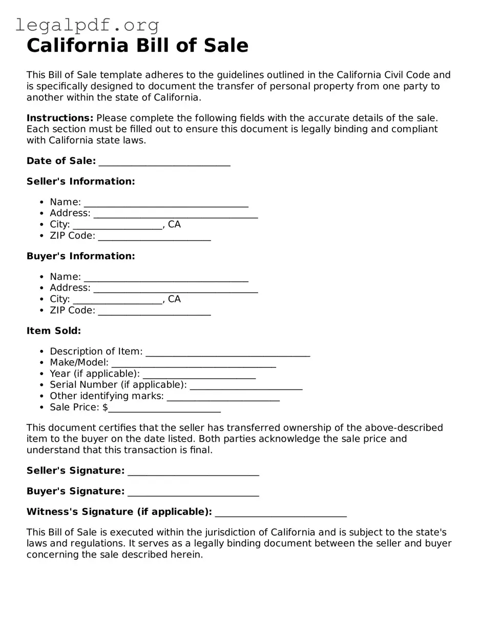 Valid  Bill of Sale Template for California