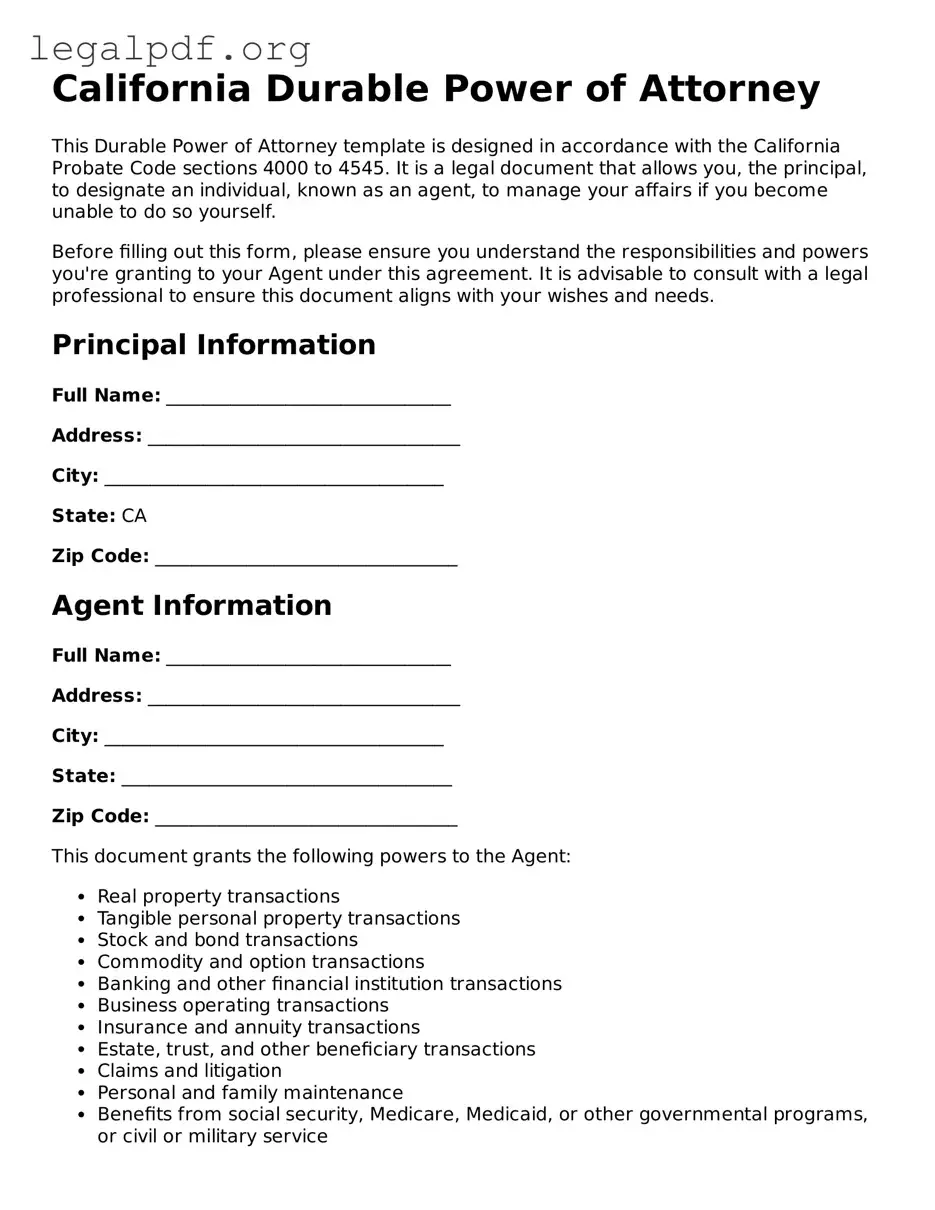 Valid  Durable Power of Attorney Template for California