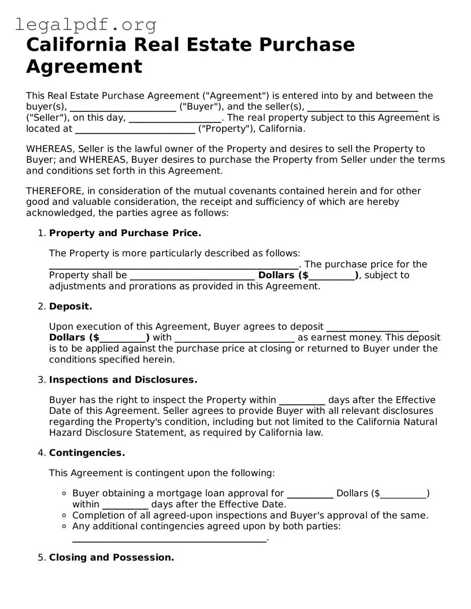 Valid  Real Estate Purchase Agreement Template for California