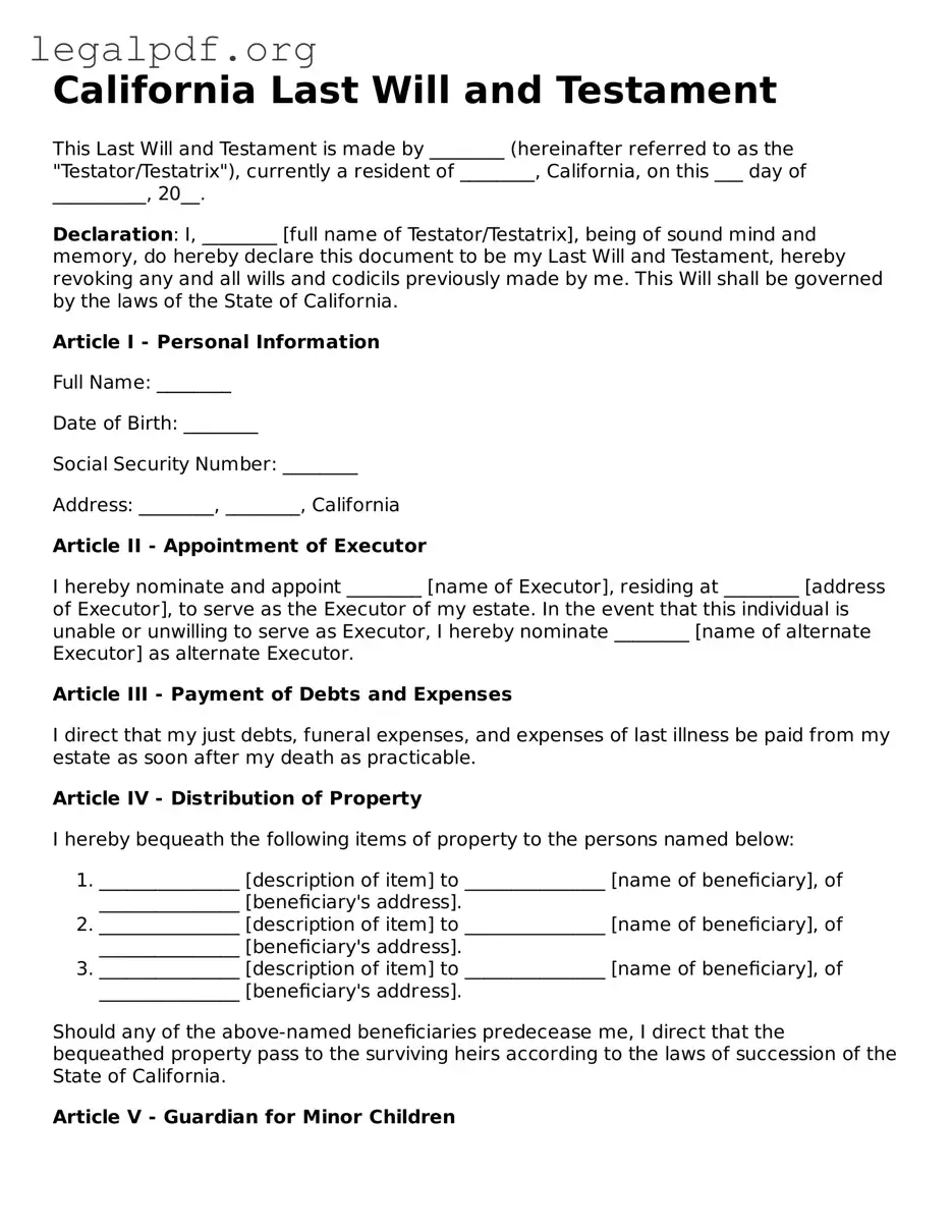Valid  Last Will and Testament Template for California