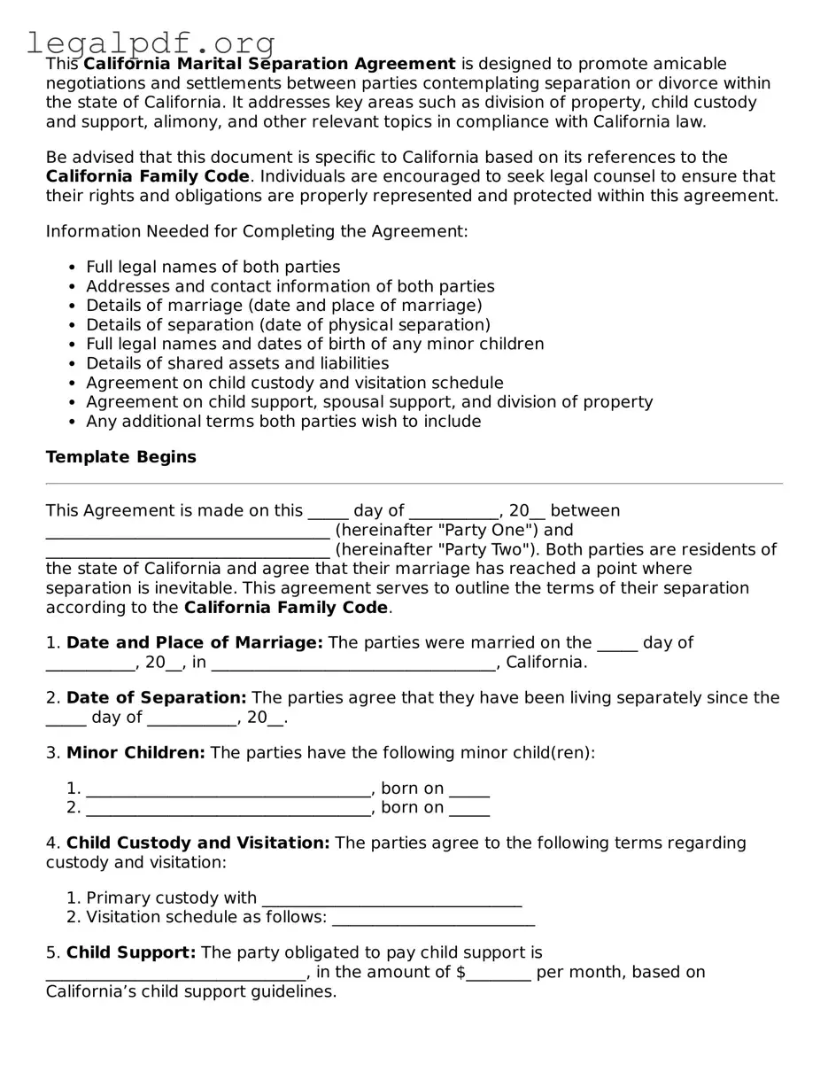 Valid  Marital Separation Agreement Template for California