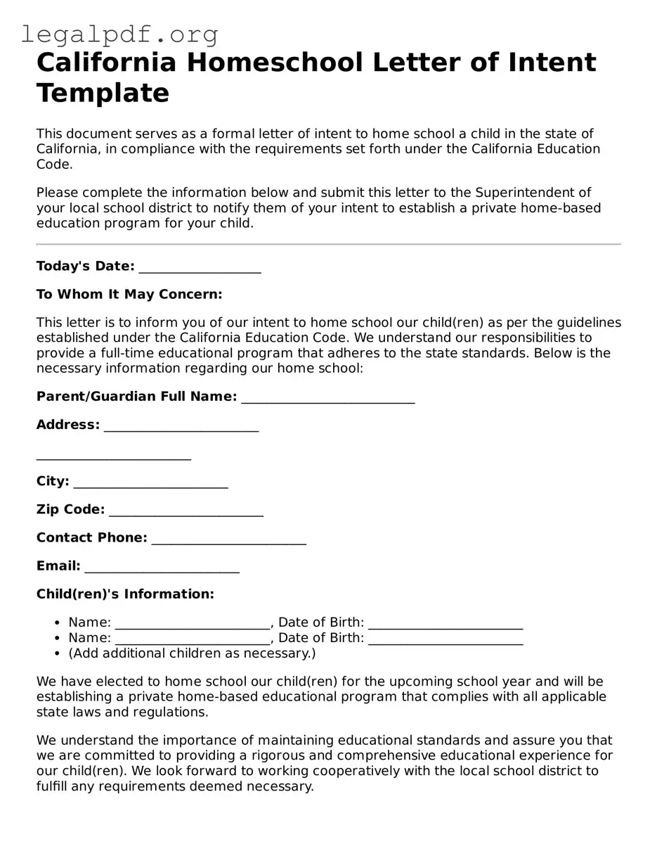 Valid  Homeschool Letter of Intent Template for California