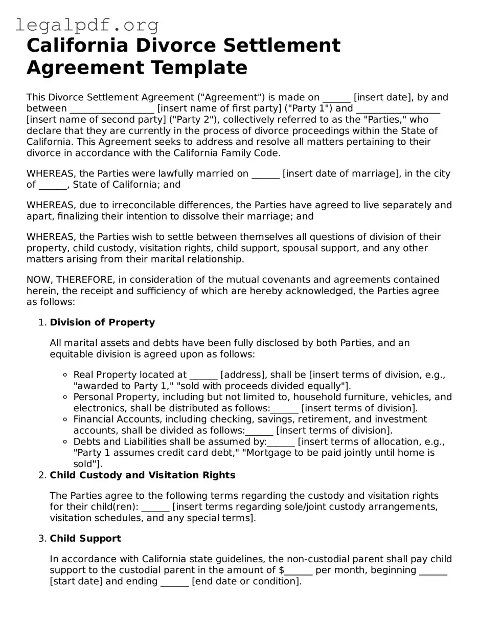 Valid  Divorce Settlement Agreement Template for California