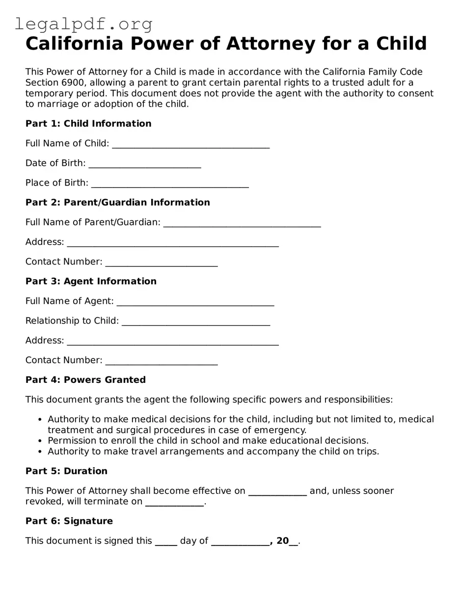 Valid  Power of Attorney for a Child Template for California