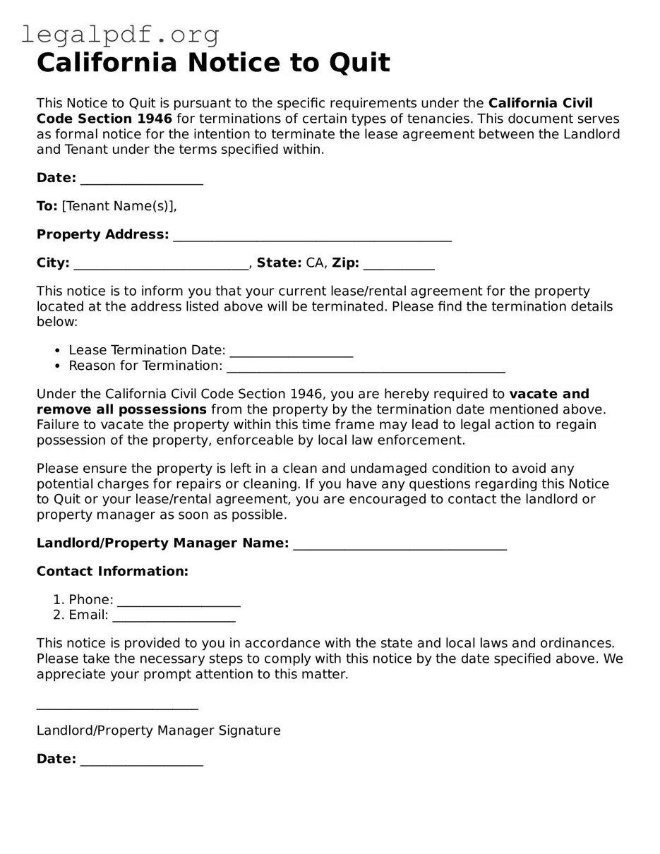 Valid  Notice to Quit Template for California