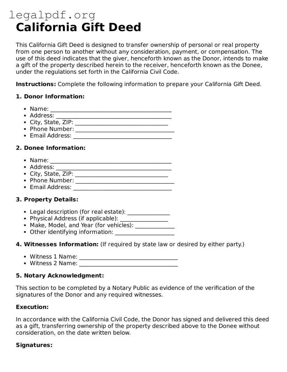 Valid  Gift Deed Template for California