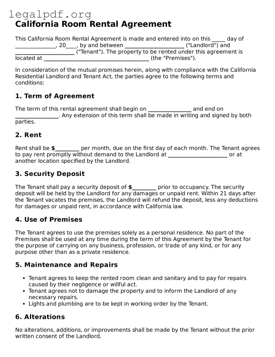 Valid  Room Rental Agreement Template for California