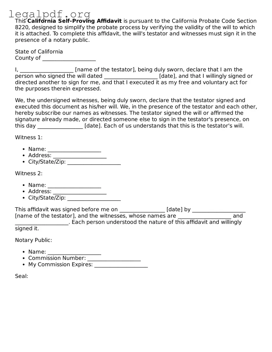 Valid  Self-Proving Affidavit Template for California