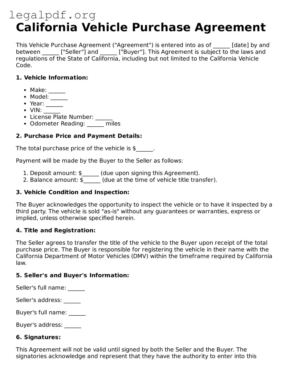 Valid  Vehicle Purchase Agreement Template for California