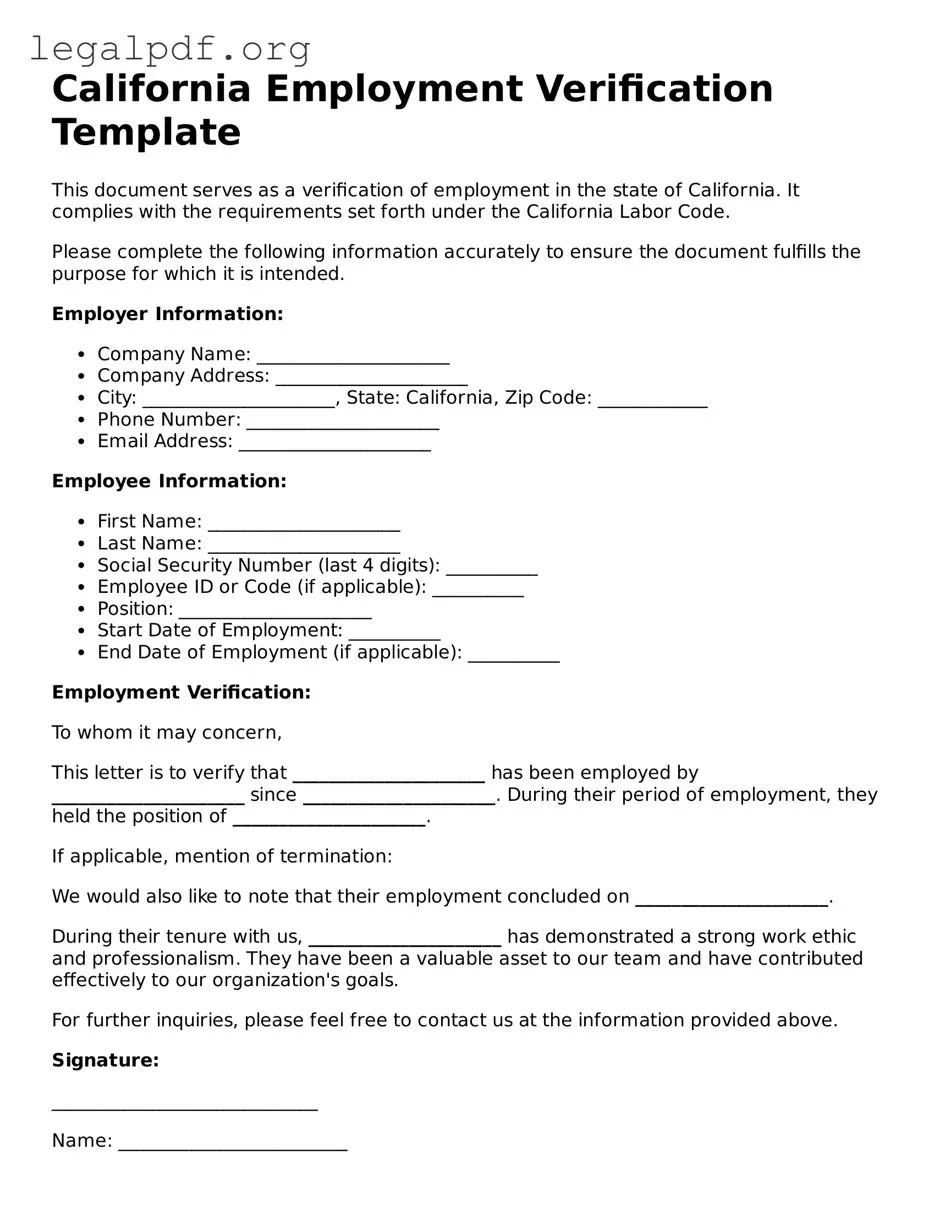 Valid  Employment Verification Template for California