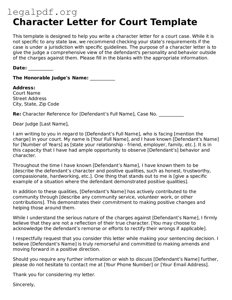 Blank Character Letter for Court Document