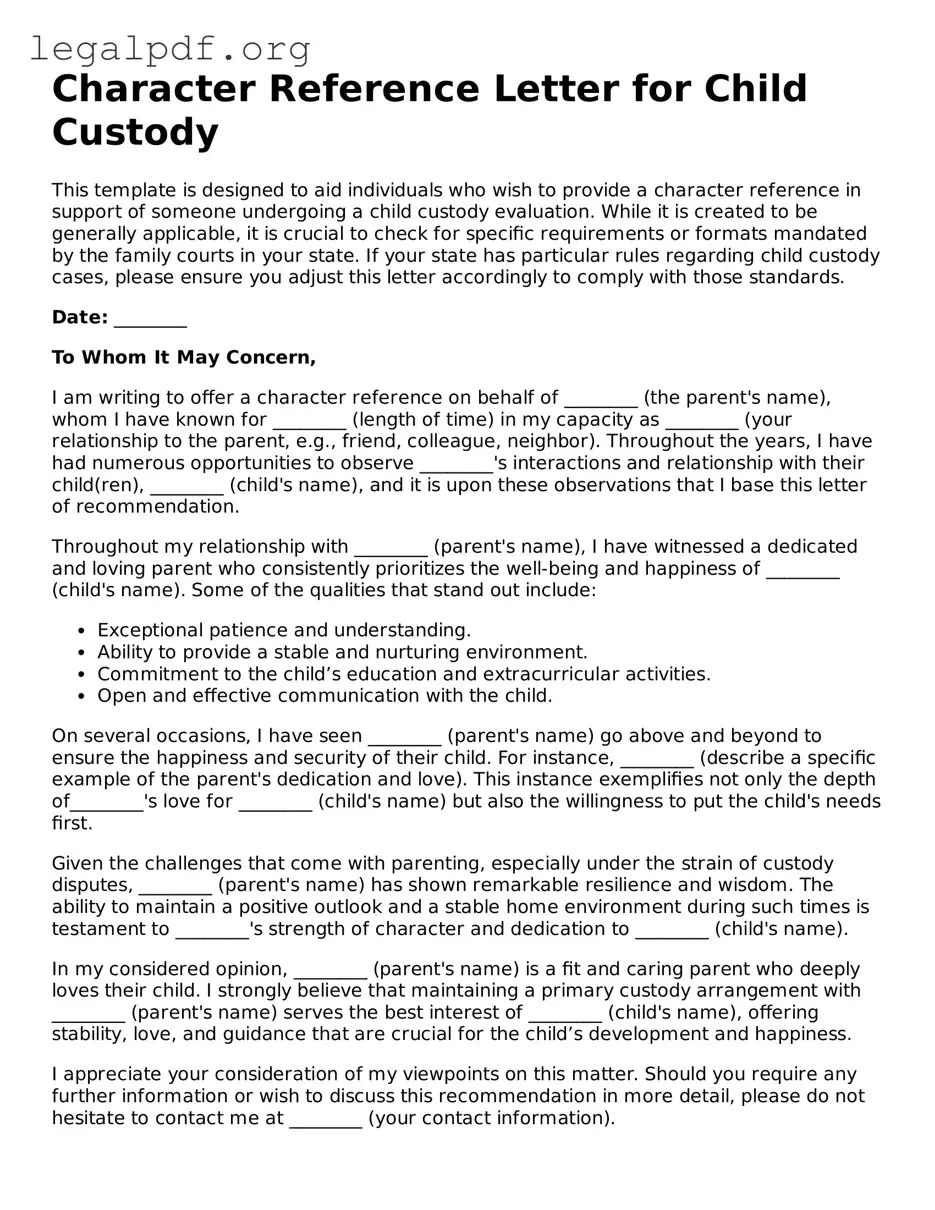 Blank Character Reference Letter for Child Custody Document