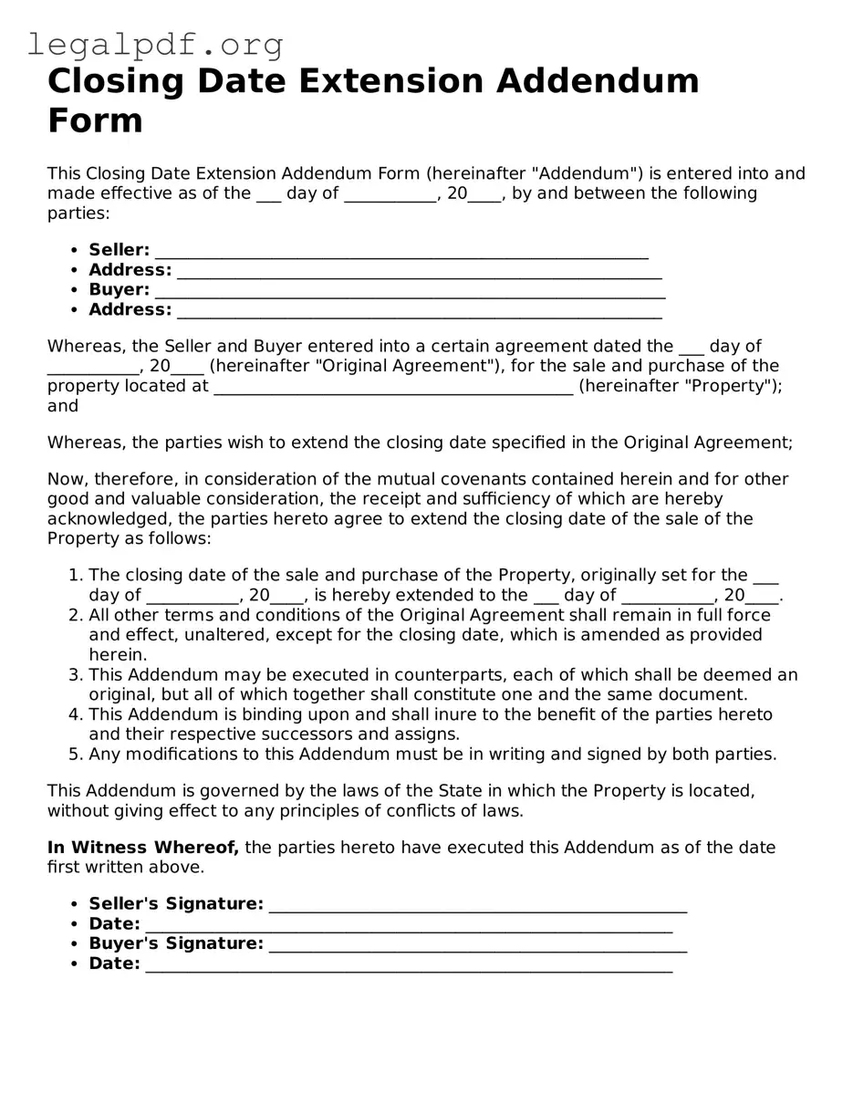 Blank Closing Date Extension Addendum Form Document