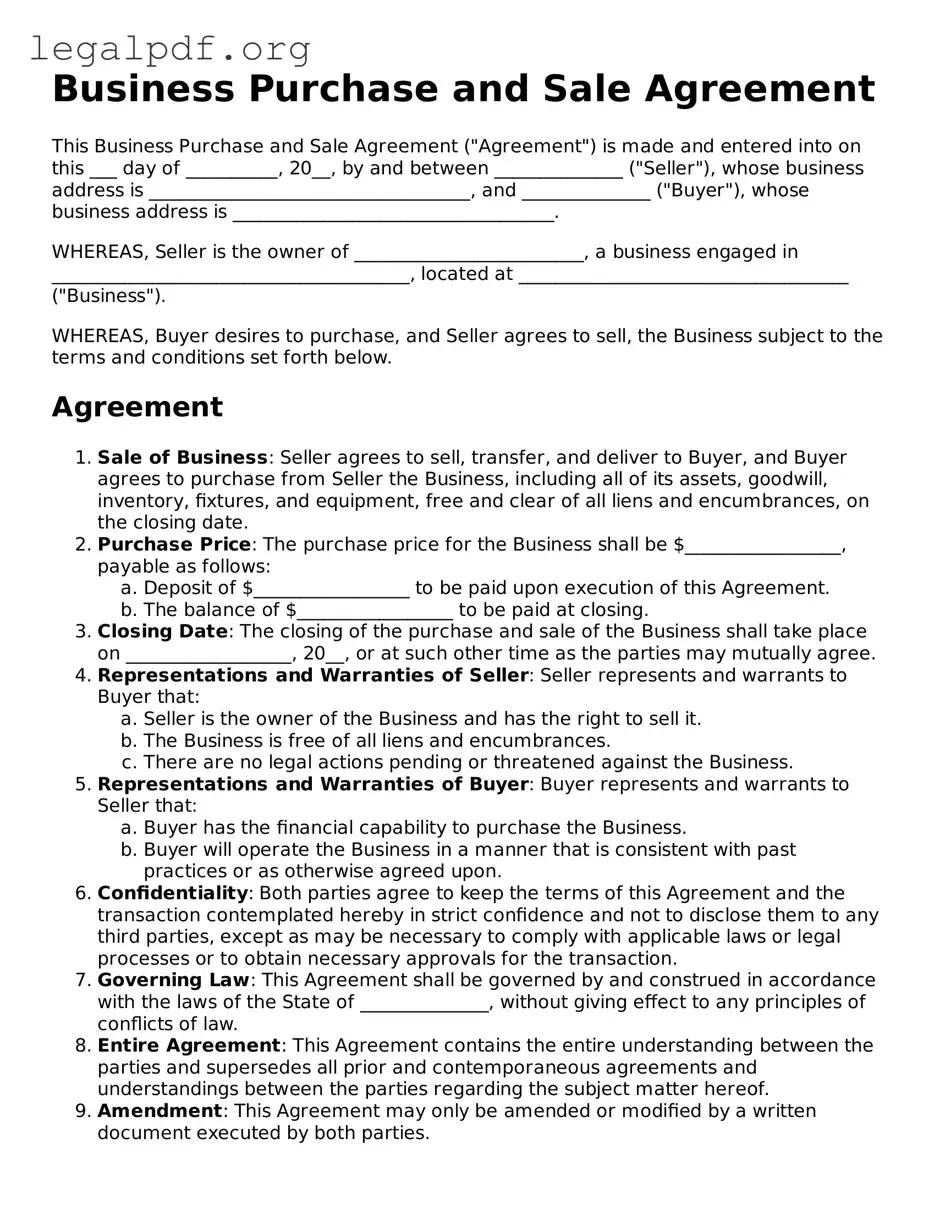 Blank Business Purchase and Sale Agreement Document