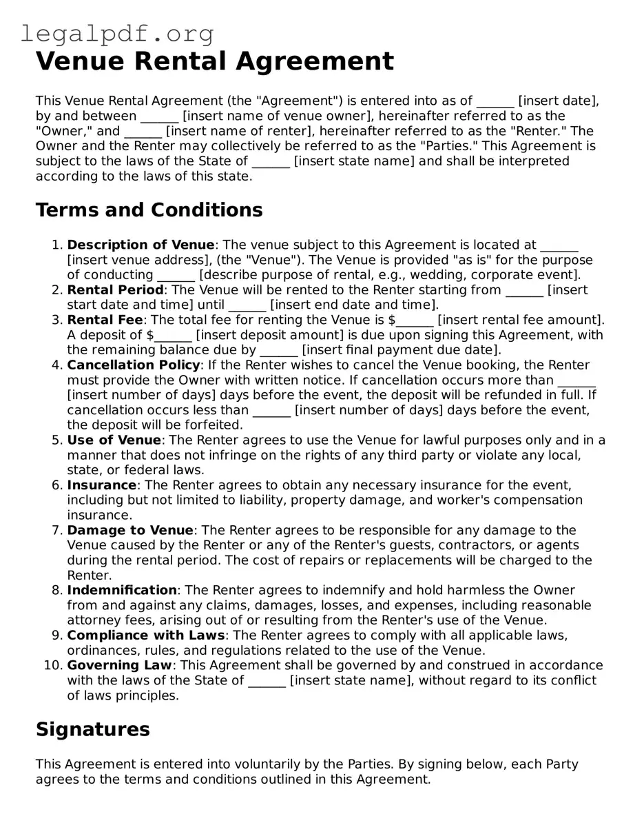 Blank Venue Rental Agreement Document