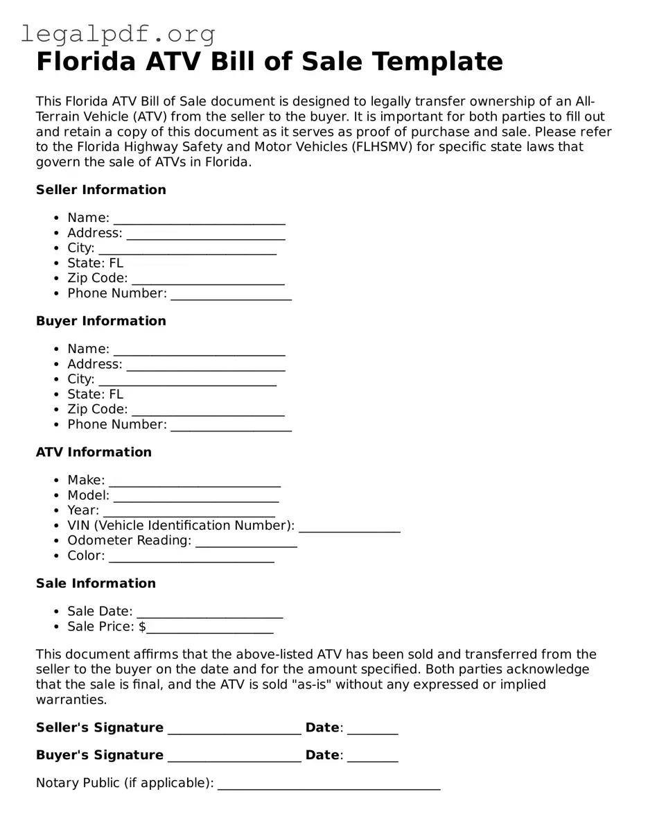 Valid  ATV Bill of Sale Template for Florida