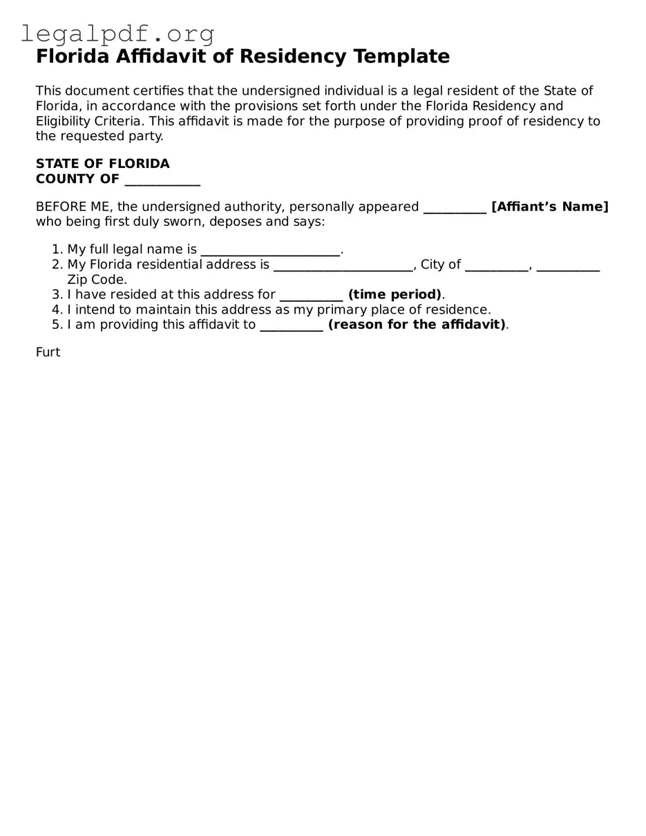 Valid  Affidavit of Residency Template for Florida