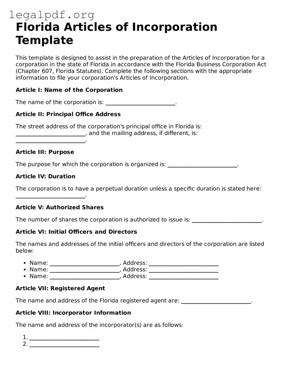 Valid  Articles of Incorporation Template for Florida