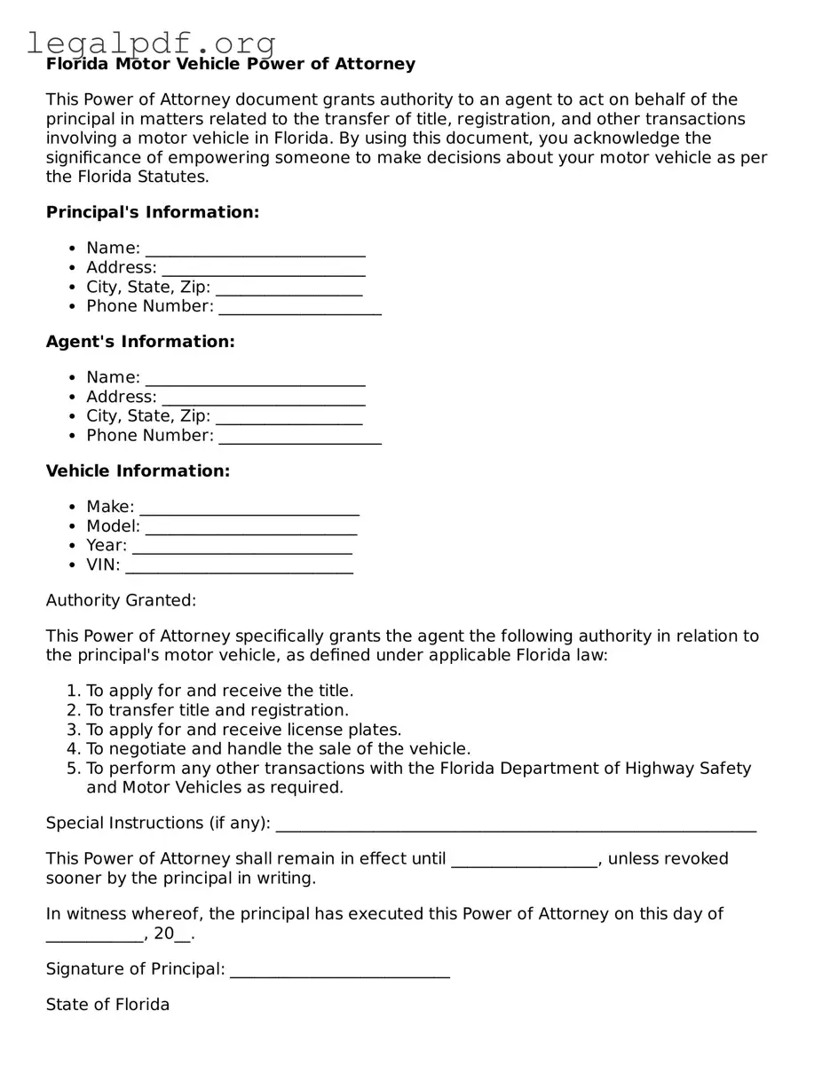 Valid  Motor Vehicle Power of Attorney Template for Florida