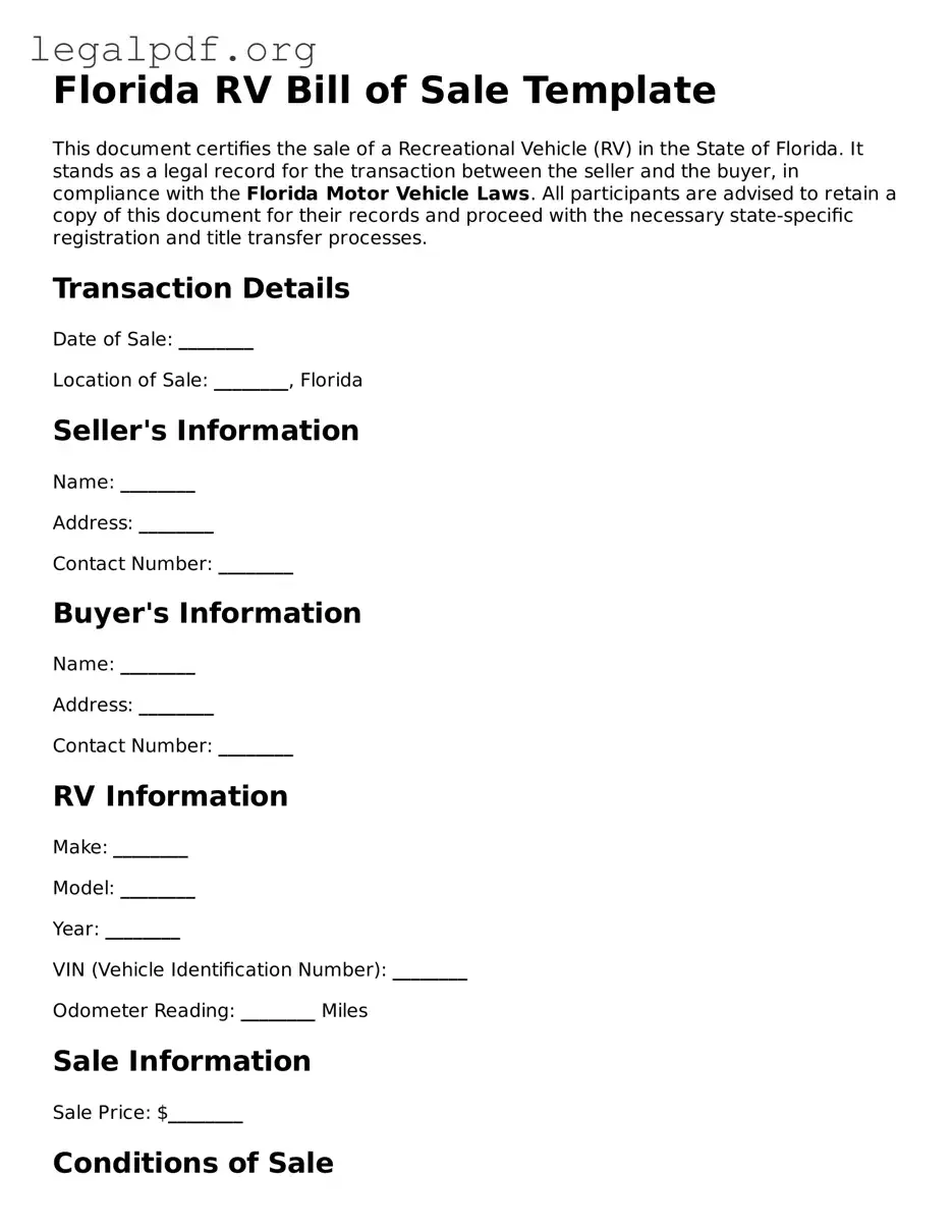 Valid  RV Bill of Sale Template for Florida