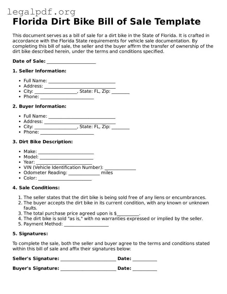 Valid  Dirt Bike Bill of Sale Template for Florida