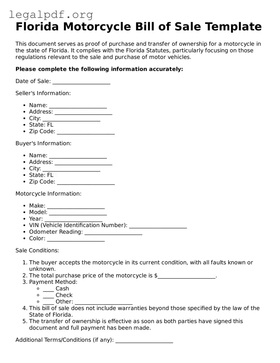 Valid  Motorcycle Bill of Sale Template for Florida