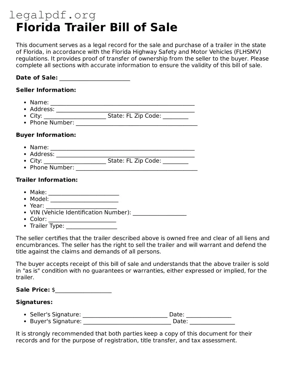 Valid  Trailer Bill of Sale Template for Florida