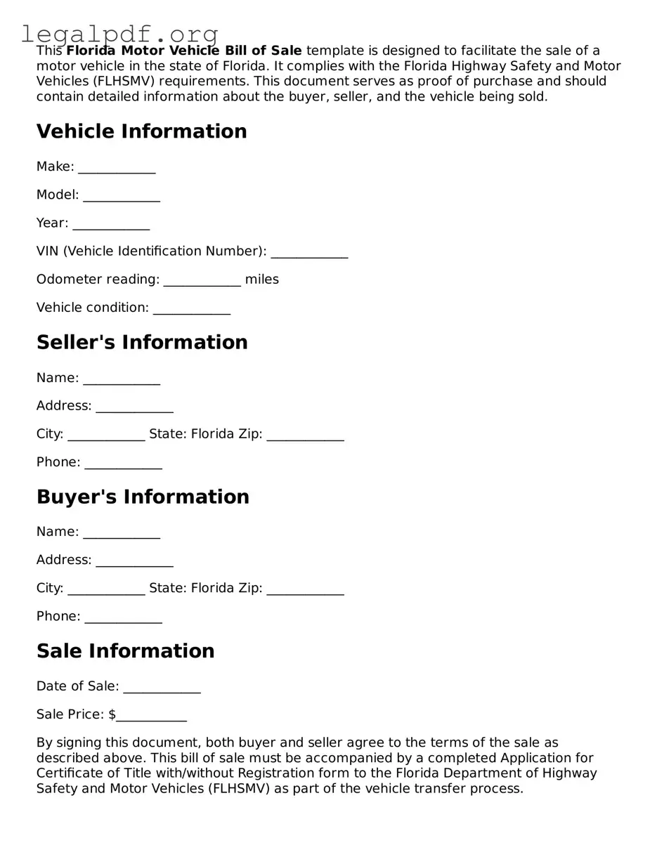 Valid  Motor Vehicle Bill of Sale Template for Florida