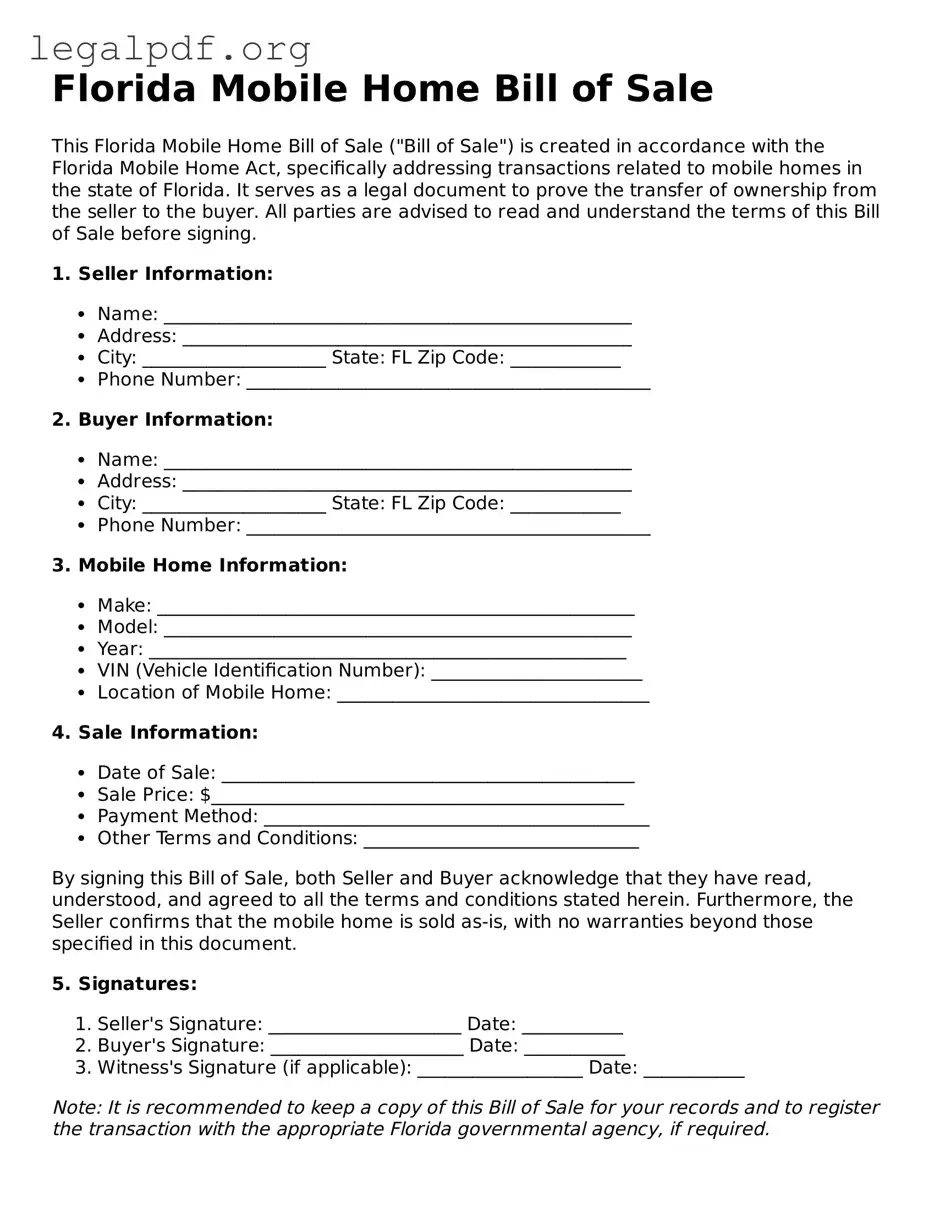 Valid  Mobile Home Bill of Sale Template for Florida