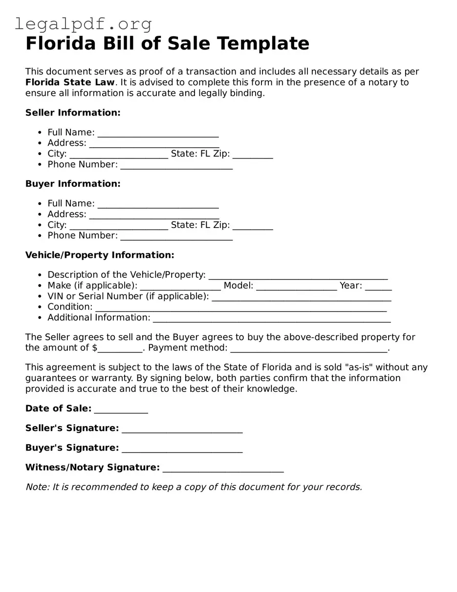 Valid  Bill of Sale Template for Florida
