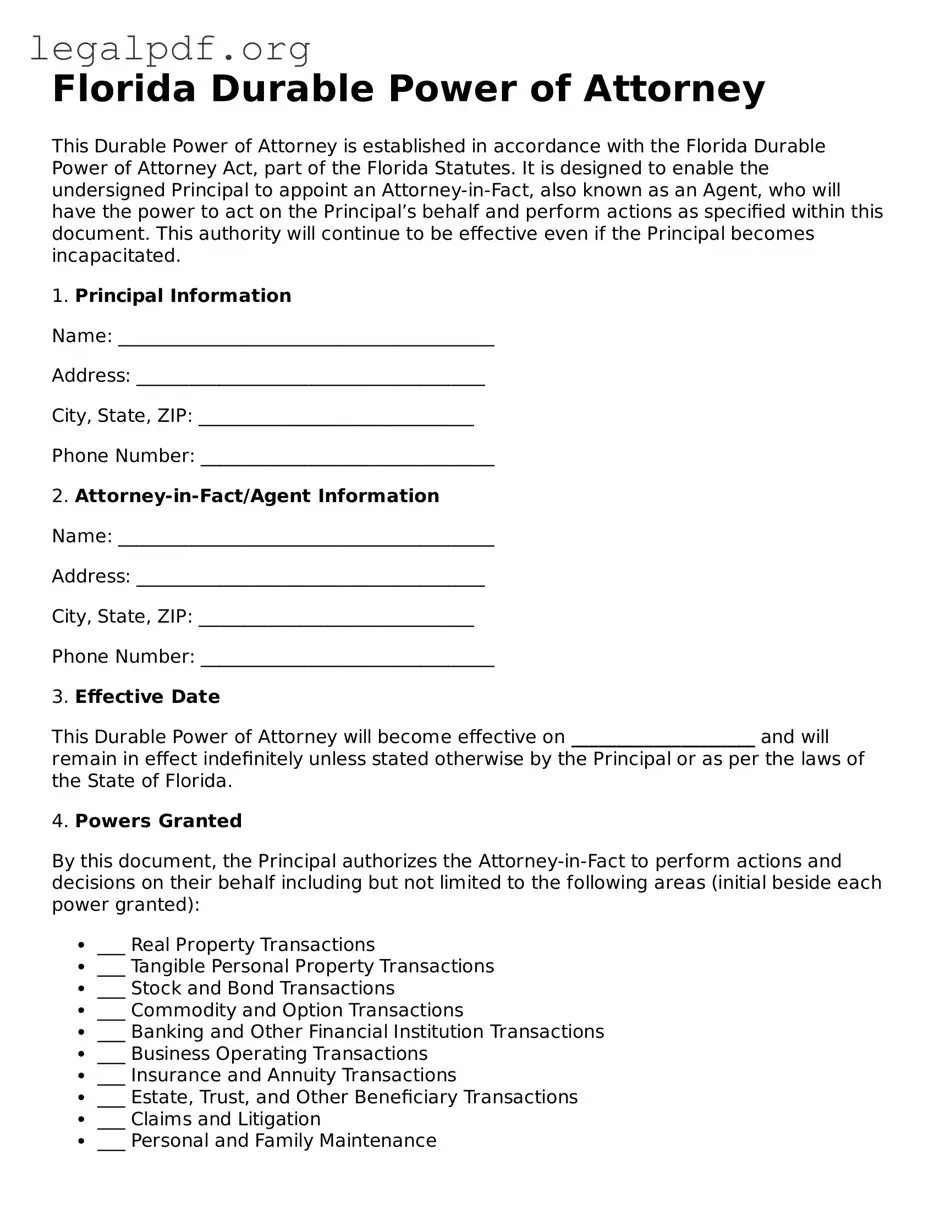 Valid  Durable Power of Attorney Template for Florida