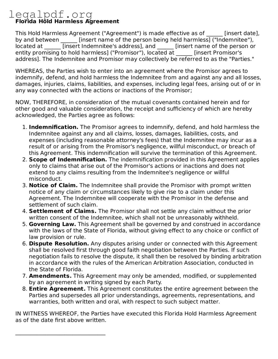 Valid  Hold Harmless Agreement Template for Florida